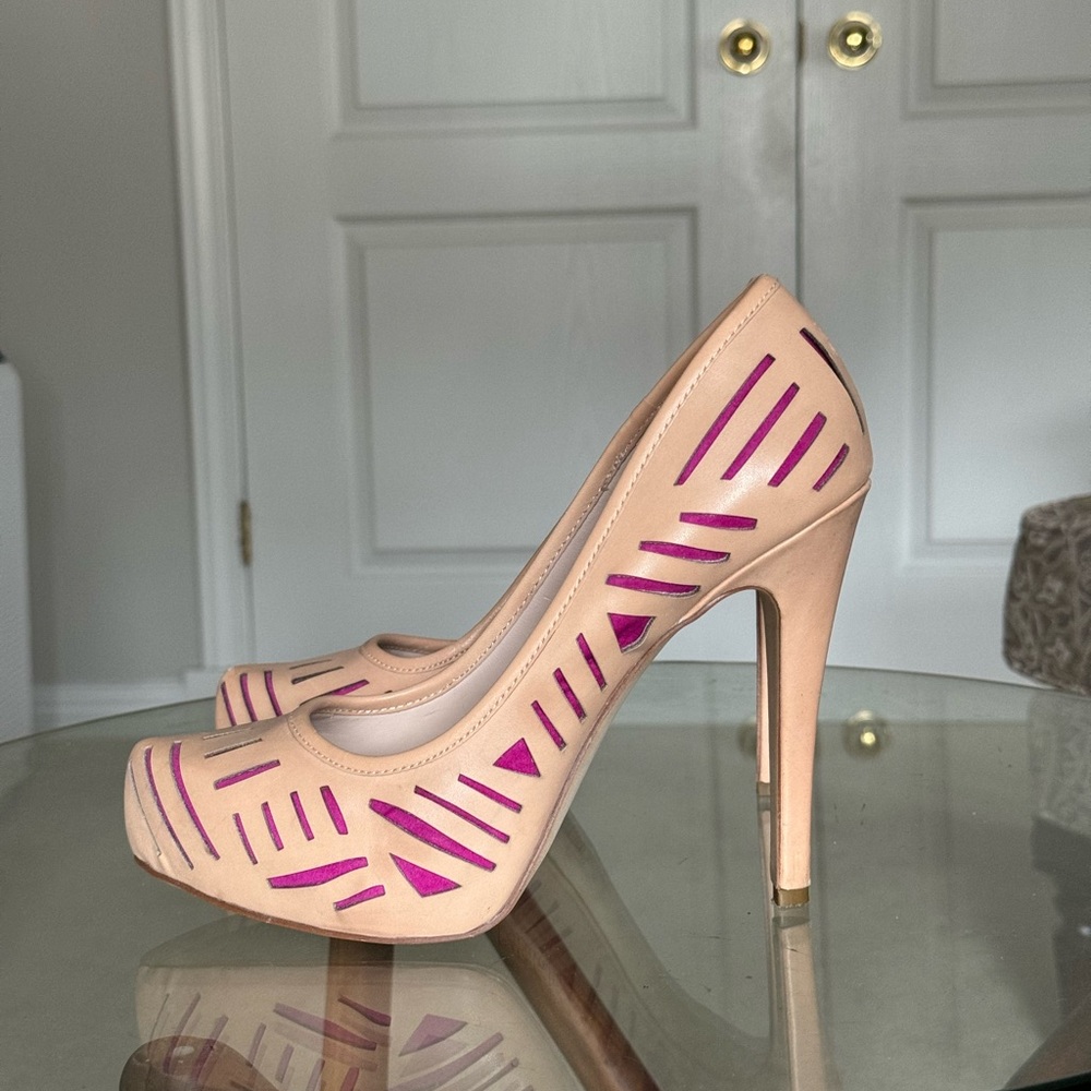 BCBGMaxAzria Beige & Magenta Cutout Stiletto Heels – Size 9, Statement Pumps